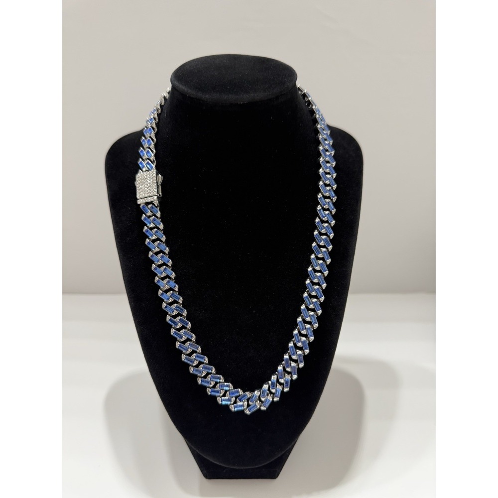 cuban chain blue iced out vvscz over stainless 20inch 11.5mm push lock clasp